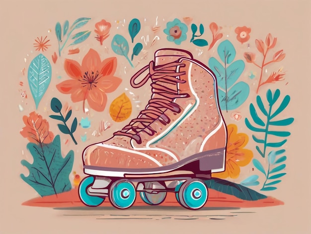 un disegno di uno skate a rulli con un'immagine di uno skateboard e fiori