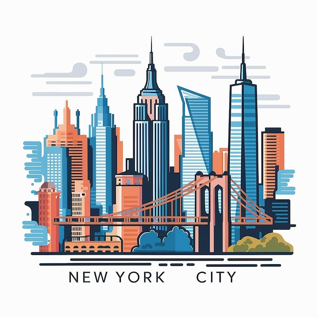 un disegno di uno skyline della città con un ponte sullo sfondo