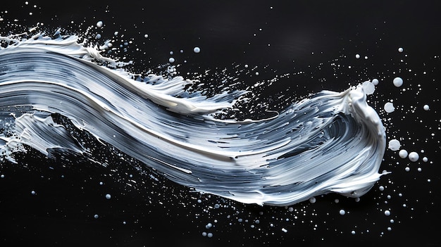 un disegno di uno spruzzo d'acqua con uno spruzzamento bianco tratti di pennello bianco su sfondo nero astratto