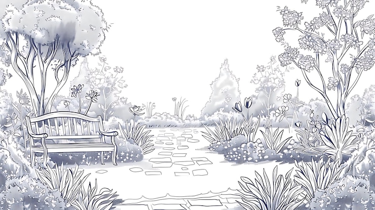 Foto un disegno di uno stagno con una panchina e una panchina al centro