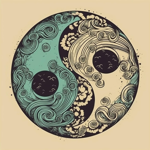 Un disegno di uno yin yang con nuvole e la parola yin e yang su di esso.