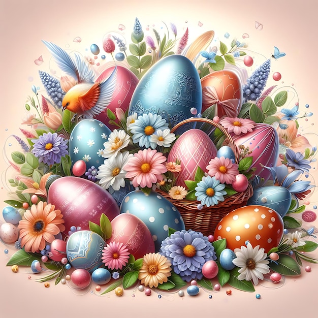 un disegno di uova di Pasqua e fiori con un cesto di fiori