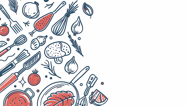Un disegno di vari utensili da cucina e alimenti