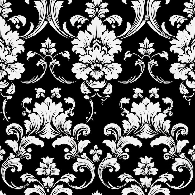 un disegno floreale bianco e nero con vortici e foglie generative ai