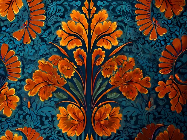 un disegno floreale blu e arancione con fiori arancione