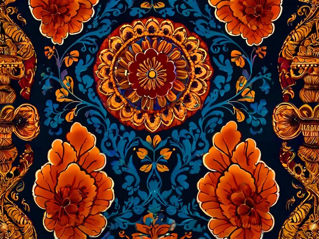 un disegno floreale blu e arancione è mostrato in un modello senza cuciture
