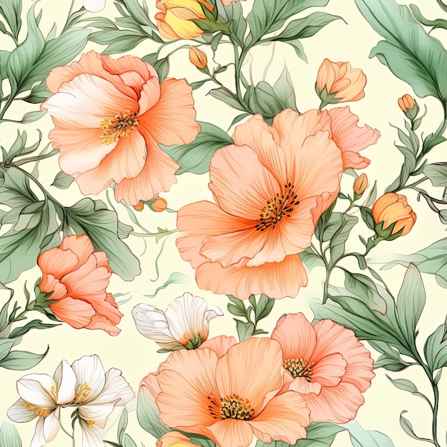 un disegno floreale con fiori arancione e foglie verdi.