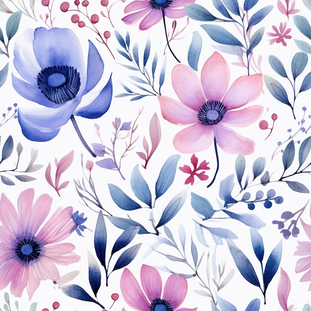 un disegno floreale con fiori di colore blu, rosa, blu e viola.