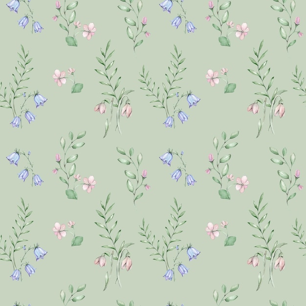 un disegno floreale con fiori viola e rosa su uno sfondo verde