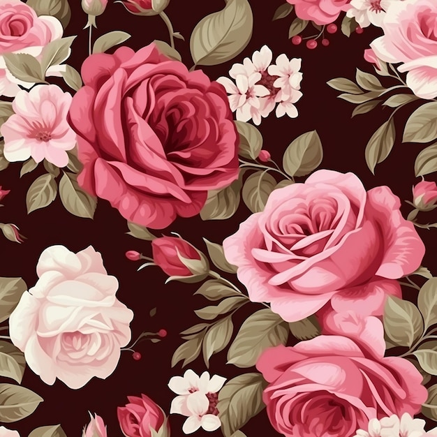 un disegno floreale con rose rosa e foglie verdi.
