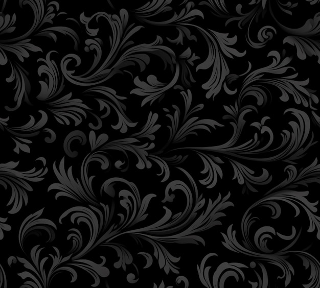 un disegno floreale nero e argento con vortici su uno sfondo nero generativo ai