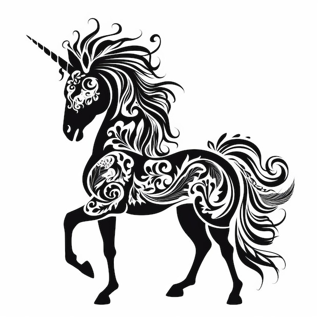 Un disegno in bianco e nero della siluetta di un unicorno