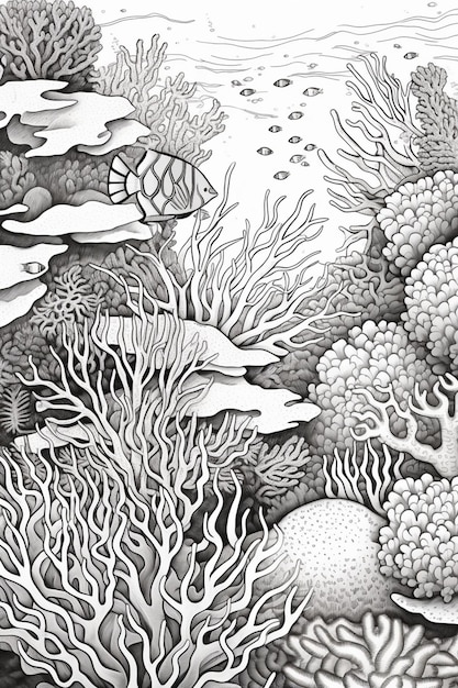 Un disegno in bianco e nero di coralli e pesci.