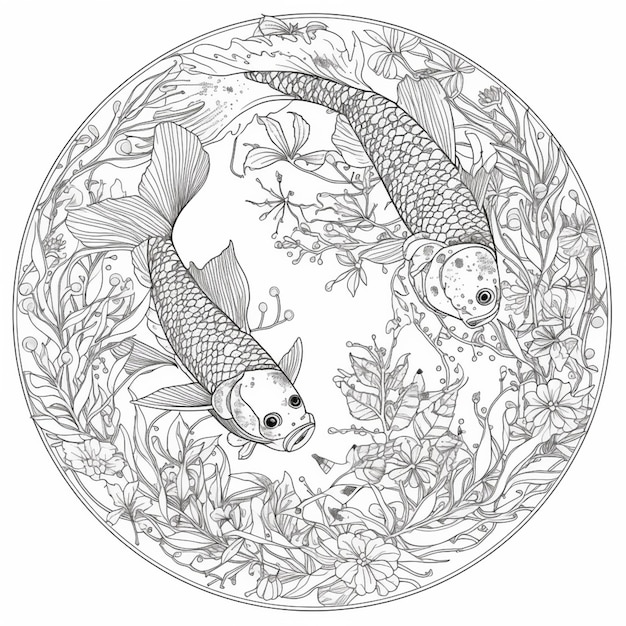Un disegno in bianco e nero di due pesci in una cornice circolare generativa ai