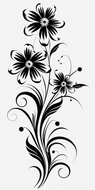 Un disegno in bianco e nero di fiori con turbinii e punti generativi ai