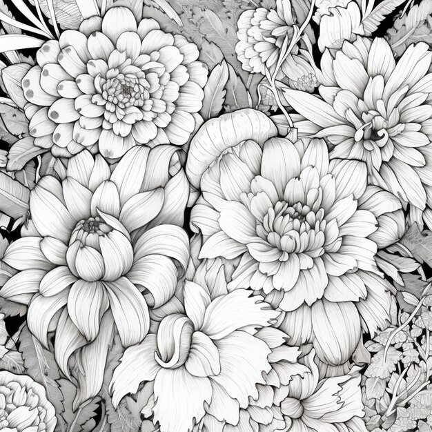 un disegno in bianco e nero di fiori e foglie ai