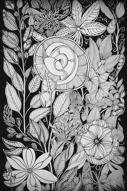 Un disegno in bianco e nero di fiori e foglie con la scritta "art" sopra.