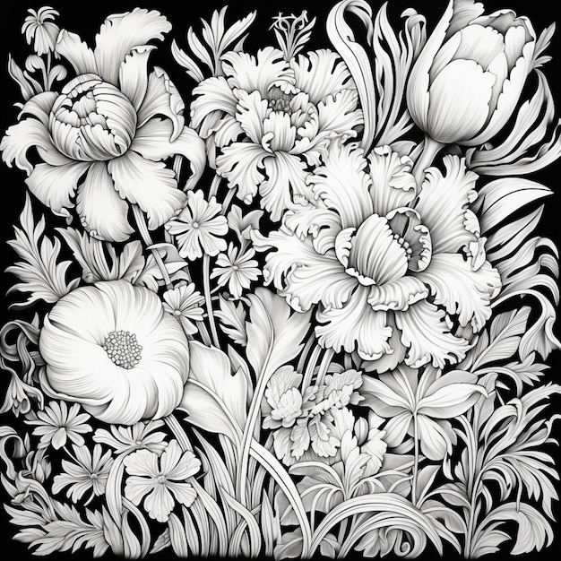 Un disegno in bianco e nero di fiori e foglie su uno sfondo nero ai generativo