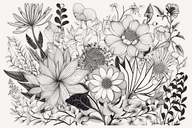 Un disegno in bianco e nero di fiori e foglie.