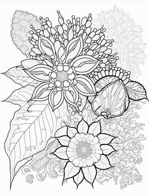 Un disegno in bianco e nero di fiori e foglie.