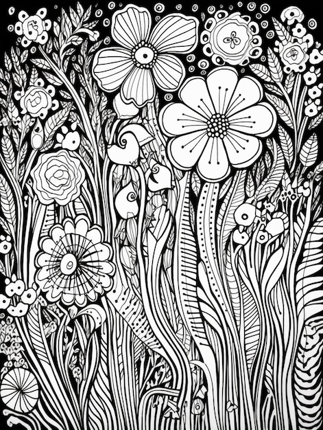 un disegno in bianco e nero di fiori e piante su sfondo nero ai generativa