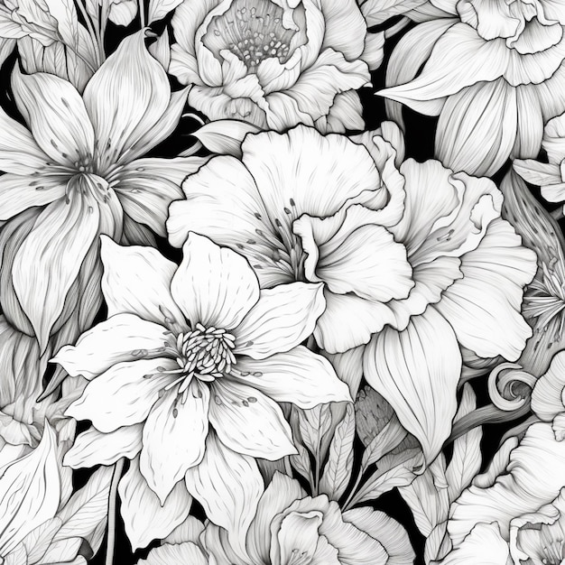 un disegno in bianco e nero di fiori su sfondo nero ai creativo