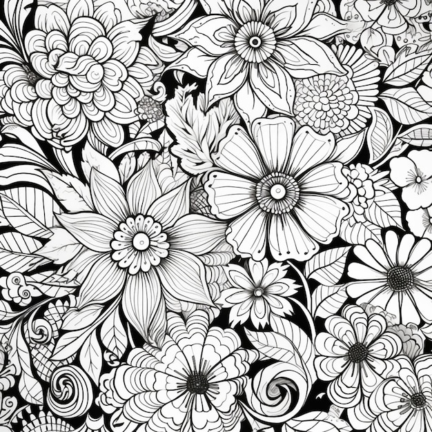 un disegno in bianco e nero di fiori su uno sfondo nero