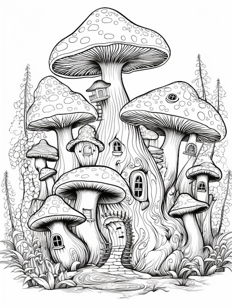 un disegno in bianco e nero di funghi e case ai