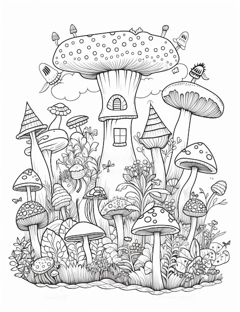 un disegno in bianco e nero di funghi e funghi nell'erba ai generativa