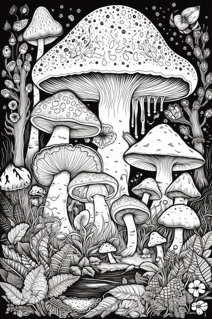un disegno in bianco e nero di funghi e piante ai