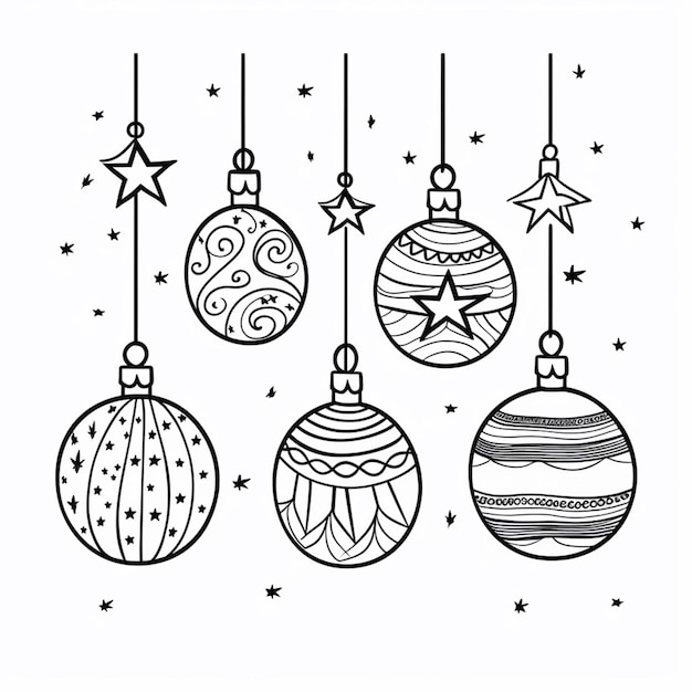 un disegno in bianco e nero di ornamenti natalizi appesi a corde generative ai