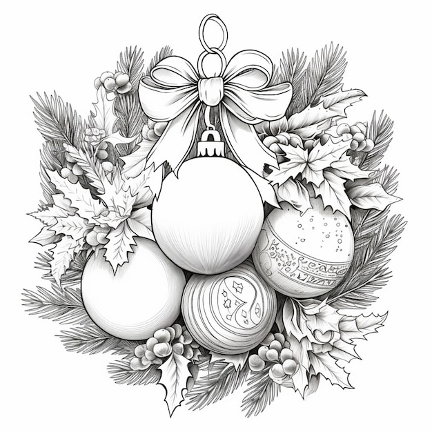 un disegno in bianco e nero di ornamenti natalizi e foglie di agrifoglio ai generativa