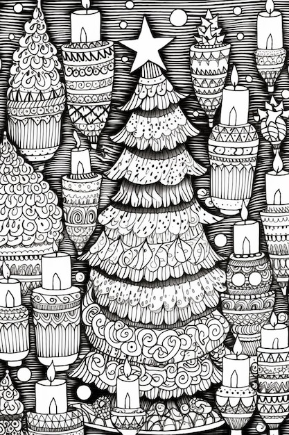 un disegno in bianco e nero di un albero di Natale circondato da candele ai creative