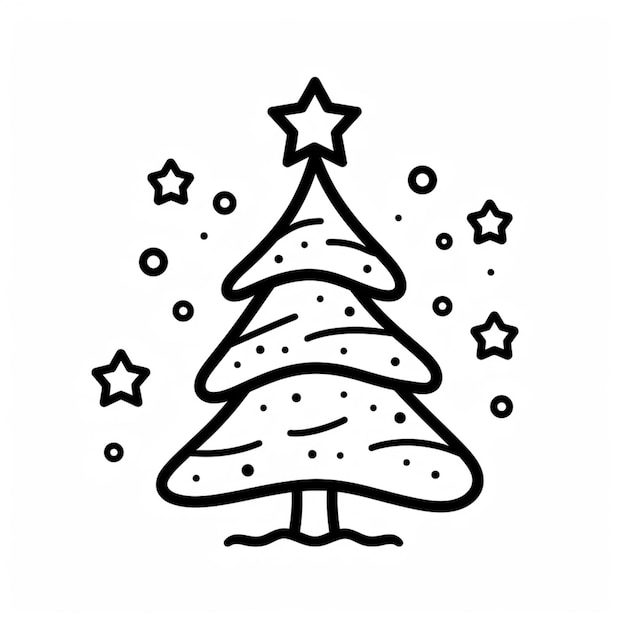 un disegno in bianco e nero di un albero di Natale con stelle ai creative