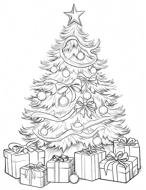 Un disegno in bianco e nero di un albero di Natale con una stella e regali