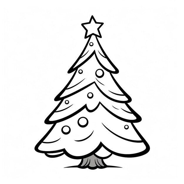 un disegno in bianco e nero di un albero di Natale con una stella in cima generativa ai