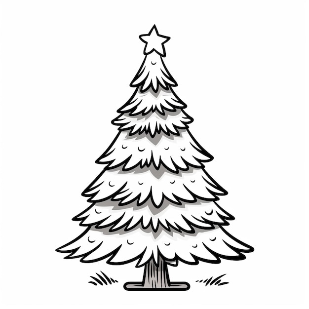 un disegno in bianco e nero di un albero di Natale con una stella in cima generativa ai