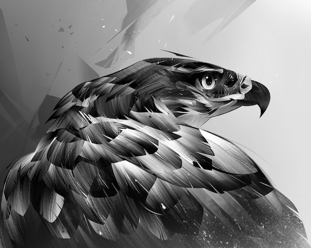 Un disegno in bianco e nero di un'aquila con un grande occhio e una grande piuma.