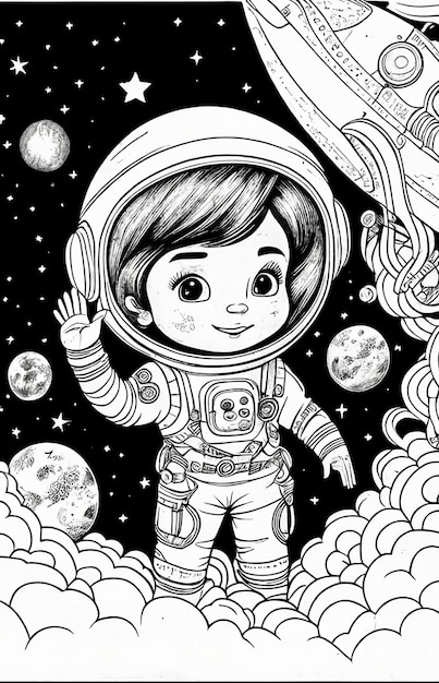 Un disegno in bianco e nero di un bambino in una tuta spaziale.