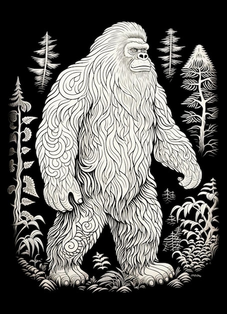 Un disegno in bianco e nero di un bigfoot in piedi nel bosco AI Generative