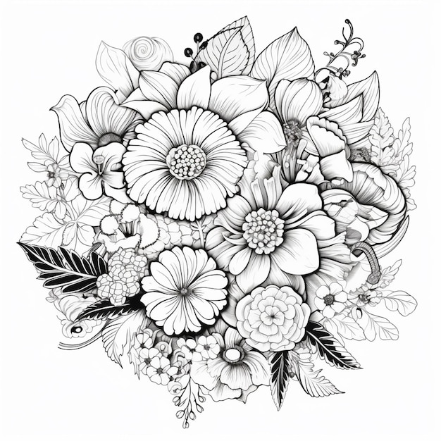 un disegno in bianco e nero di un bouquet di fiori generativo ai