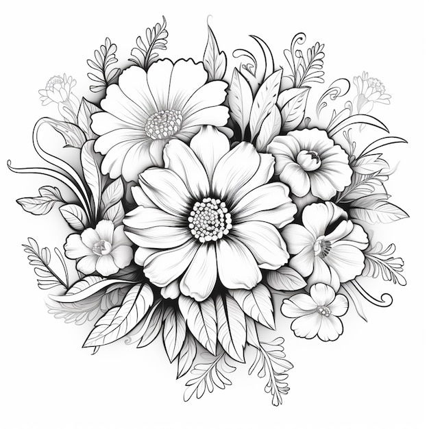 un disegno in bianco e nero di un bouquet di fiori generativo ai