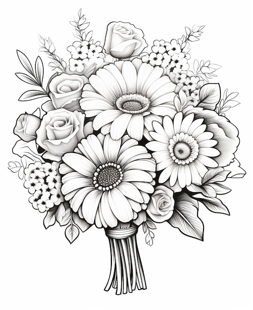 Un disegno in bianco e nero di un bouquet di fiori generativo ai