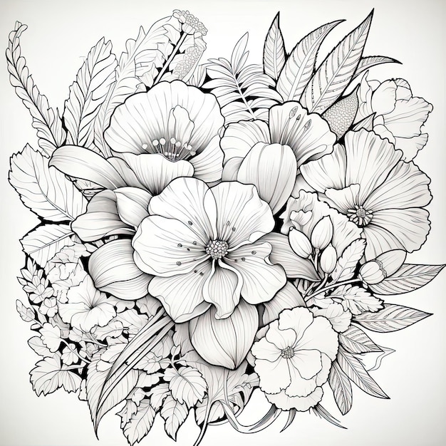 Un disegno in bianco e nero di un bouquet di fiori