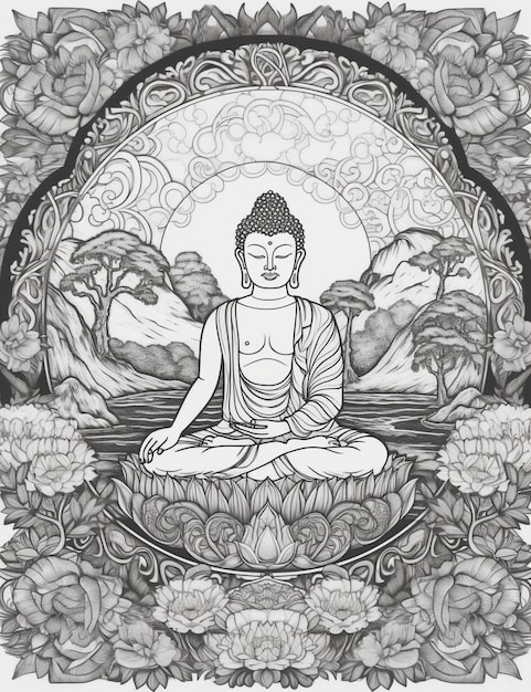 Un disegno in bianco e nero di un buddha su una roccia con le montagne sullo sfondo.