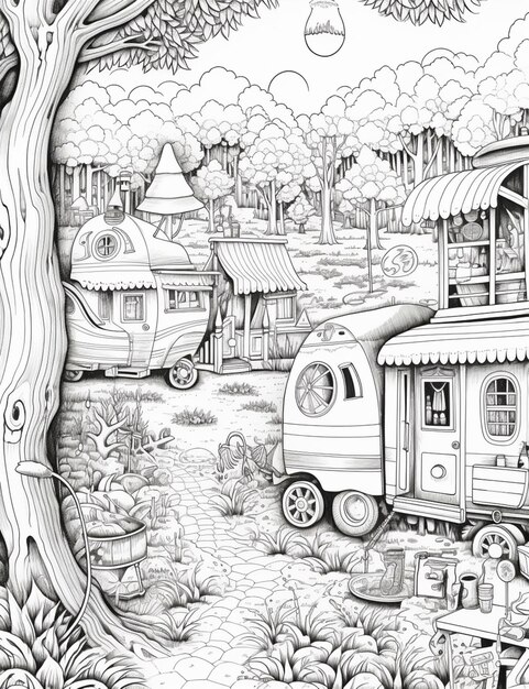 un disegno in bianco e nero di un camper e una roulotte in una foresta ai generativa