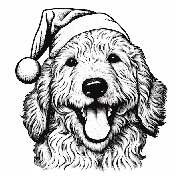 un disegno in bianco e nero di un cane che indossa un cappello di Babbo Natale generativo ai
