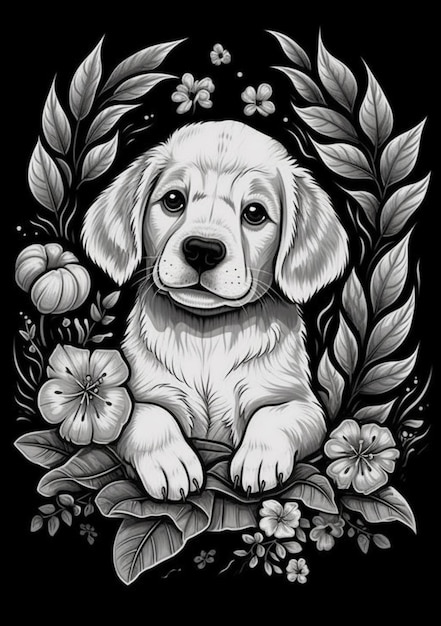 un disegno in bianco e nero di un cane circondato da fiori ai creativi