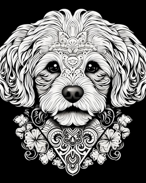 un disegno in bianco e nero di un cane con un collare floreale generativo ai