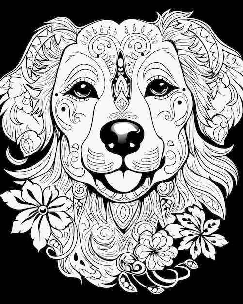 un disegno in bianco e nero di un cane con un disegno floreale generativo ai